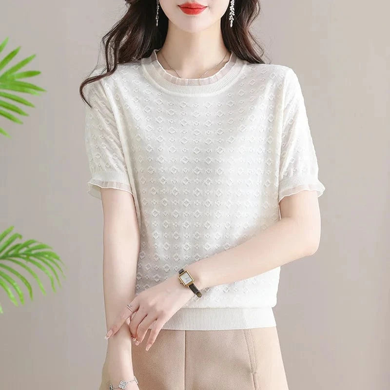 Plus size / White 2024 Summer new arrival  fashion lady lace ice silk shirt