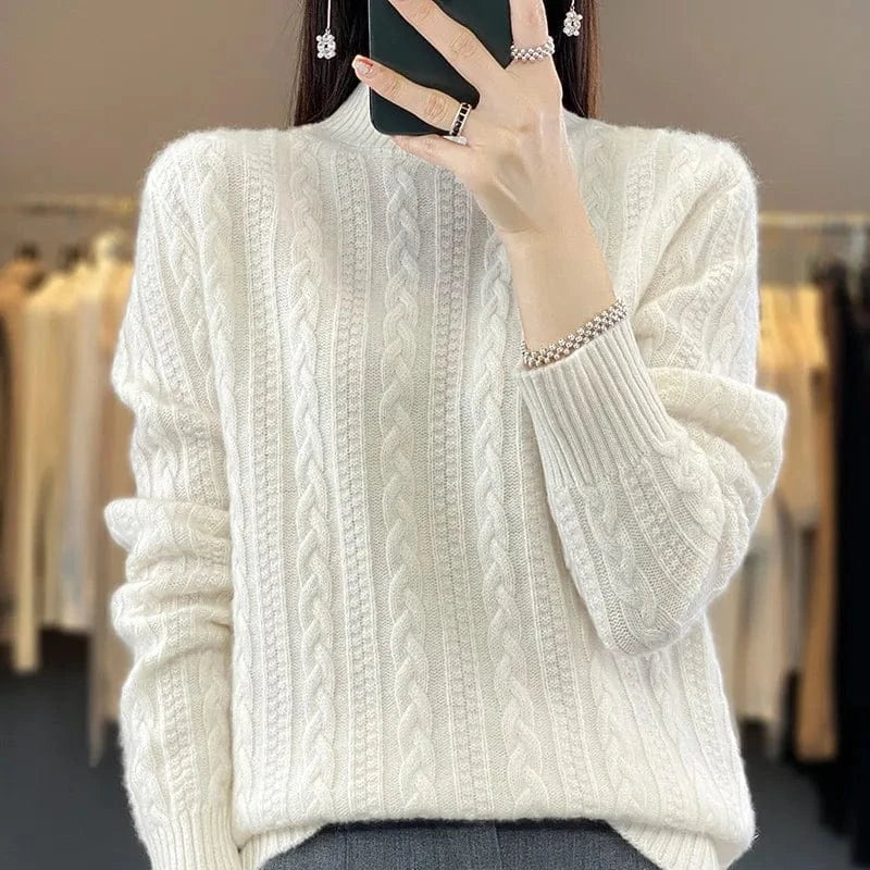 Plus Size / White 2024 winter best-selling high-quality fashion women's solid color semi-turtleneck long-sleeved loose knit pullover sweater