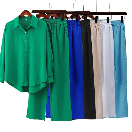 plus size women clothing ladies loose stretch crease long sleeve shirt wide leg pants casual  two piece women's shirts sets