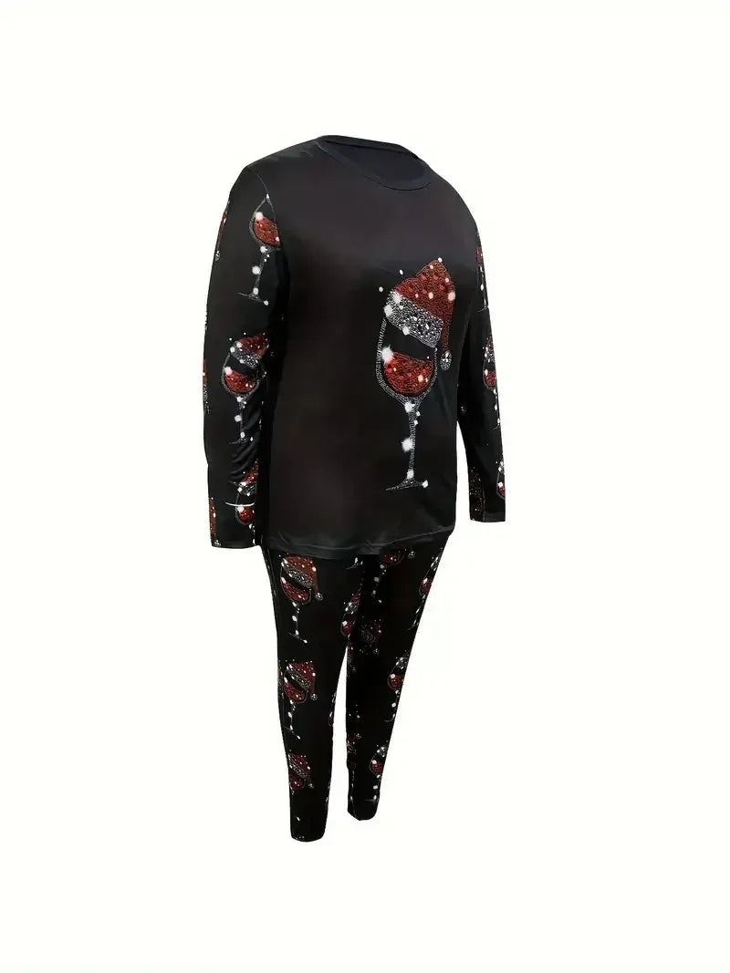 Plus Size Women's Casual Suit, Fashionable Tall Wine Glass Print Two-Piece Set
