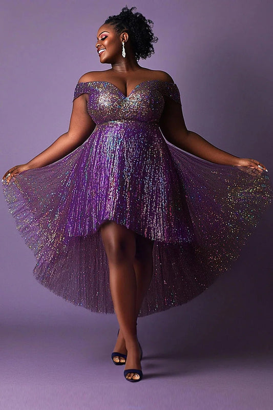 Plus Size Women's Party Purple Elegant Off The Shoulder High Low Hem Tulle Mini Dresses - SN Wigs & More