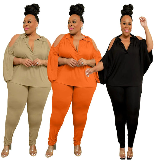 Plus Size Womens Sets Loose 2 Piece Pants Set for Women Clothing Hollow out Solid Two Piece Plus Size Set XL-5XL