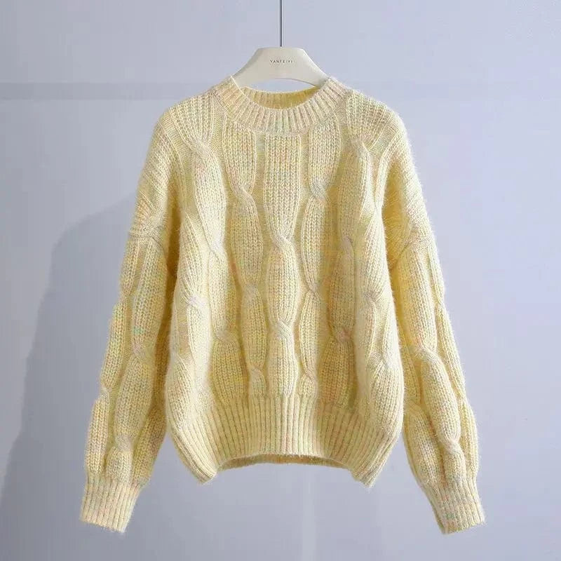 Plus size / Yellow 2024 autumn new arrival fashion lady crew neck long sleeve free size cable knit pullover sweater