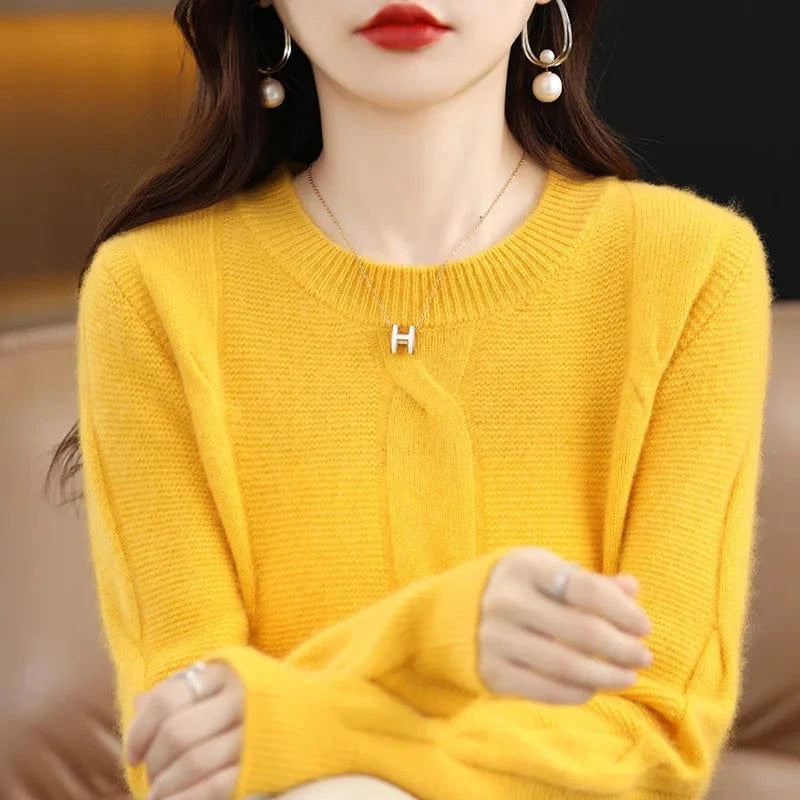 Plus Size / Yellow 2024 Autumn/Winter high-quality best-selling fashion women's solid color crew-neck long-sleeved loose knit pullover sweater