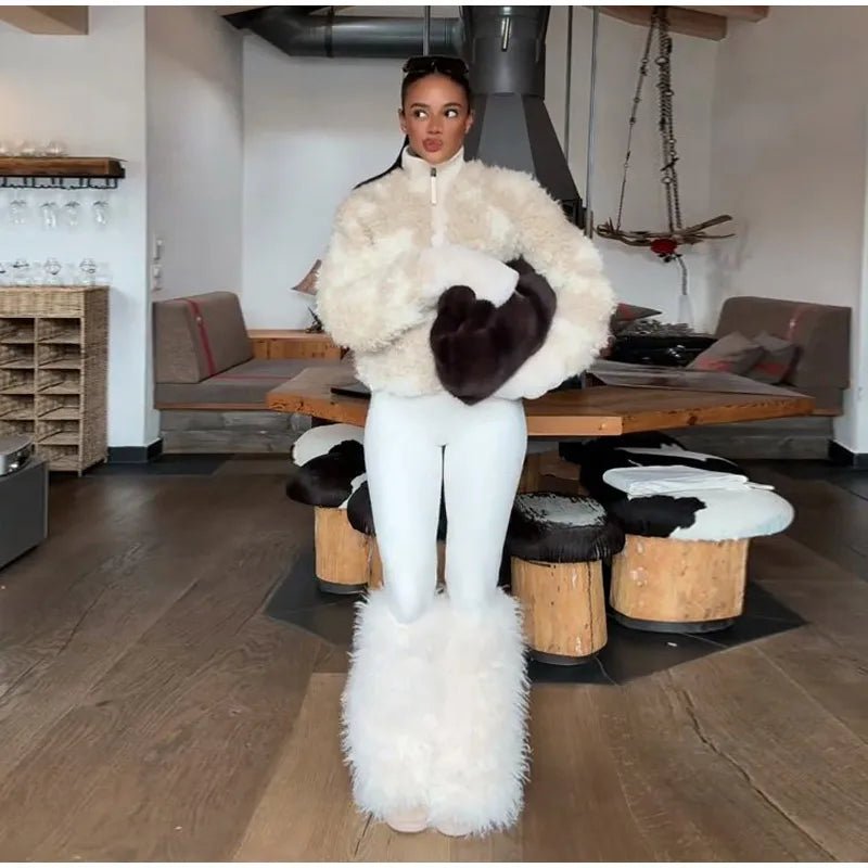 Plush Shearling Coat With Stand Collar And Zipper Front For Winter Warmth Everyday Style - SN Wigs & More