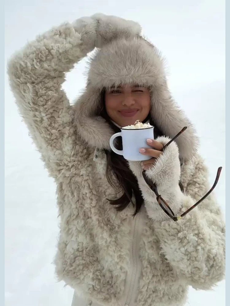 Plush Shearling Coat With Stand Collar And Zipper Front For Winter Warmth Everyday Style - SN Wigs & More
