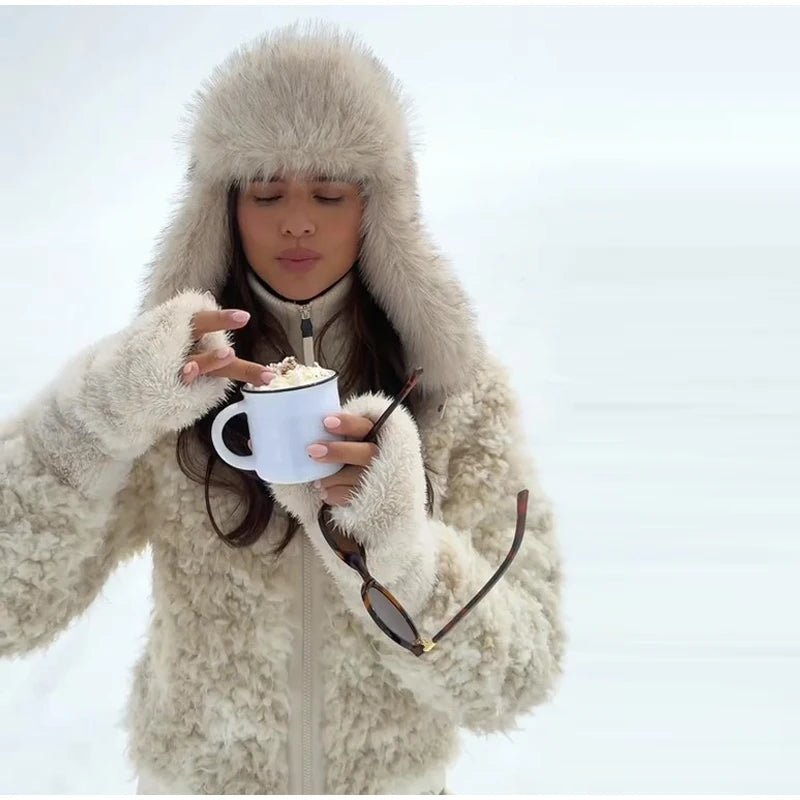 Plush Shearling Coat With Stand Collar And Zipper Front For Winter Warmth Everyday Style - SN Wigs & More
