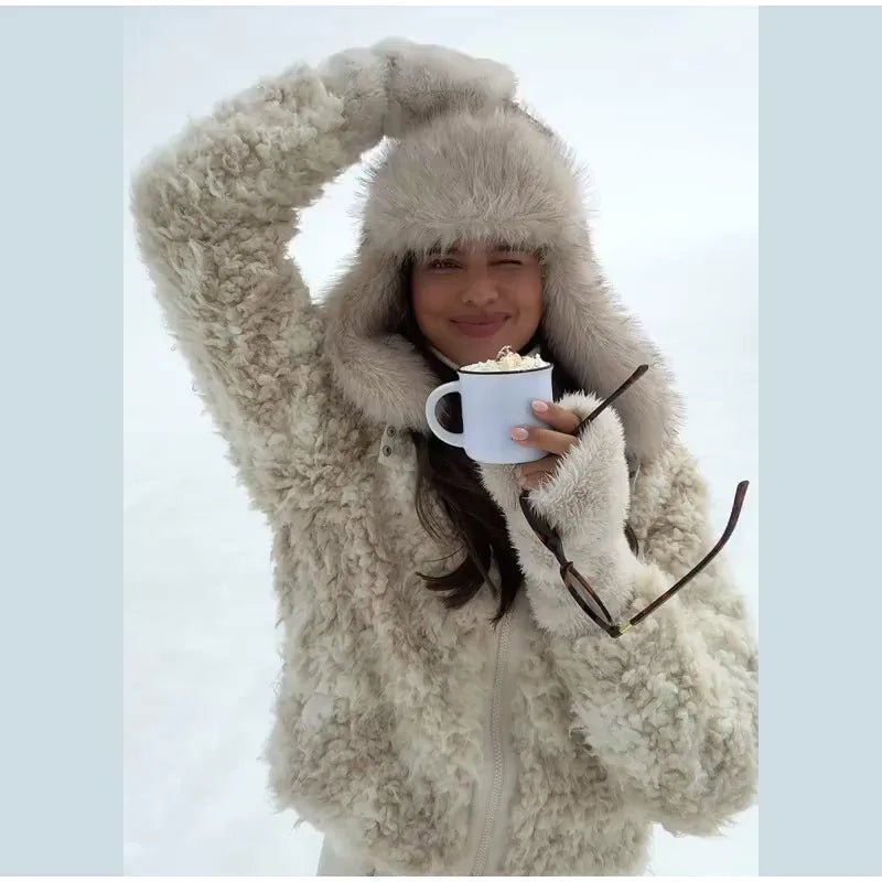Plush Shearling Coat With Stand Collar And Zipper Front For Winter Warmth Everyday Style - SN Wigs & More