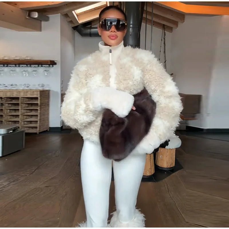 Plush Shearling Coat With Stand Collar And Zipper Front For Winter Warmth Everyday Style - SN Wigs & More