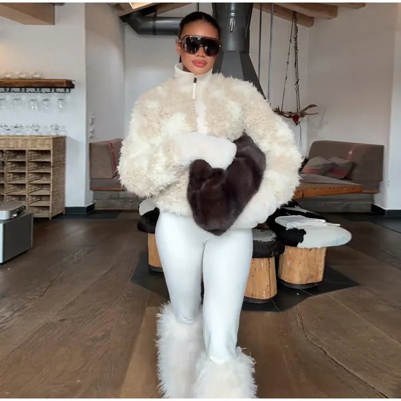 Plush Shearling Coat With Stand Collar And Zipper Front For Winter Warmth Everyday Style - SN Wigs & More