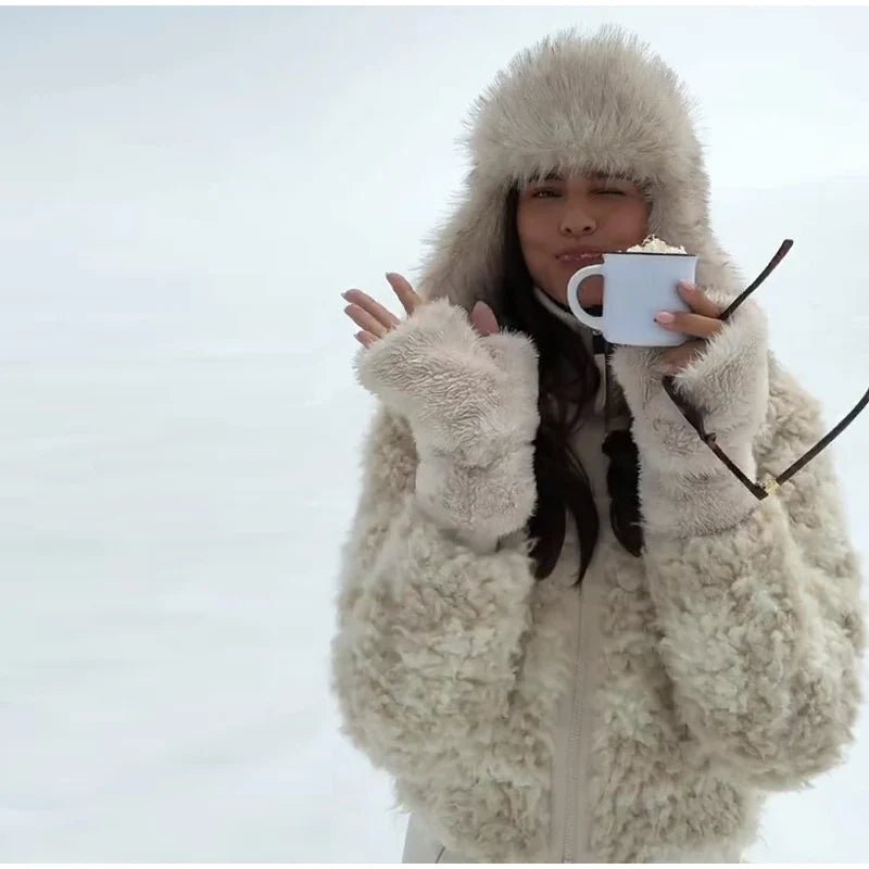 Plush Shearling Coat With Stand Collar And Zipper Front For Winter Warmth Everyday Style - SN Wigs & More