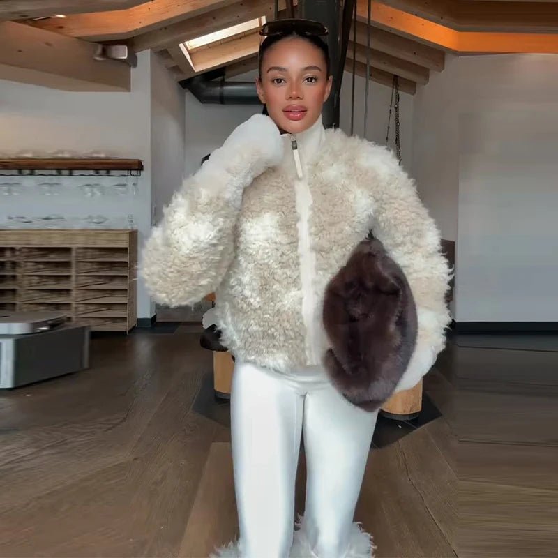 Plush Shearling Coat With Stand Collar And Zipper Front For Winter Warmth Everyday Style - SN Wigs & More