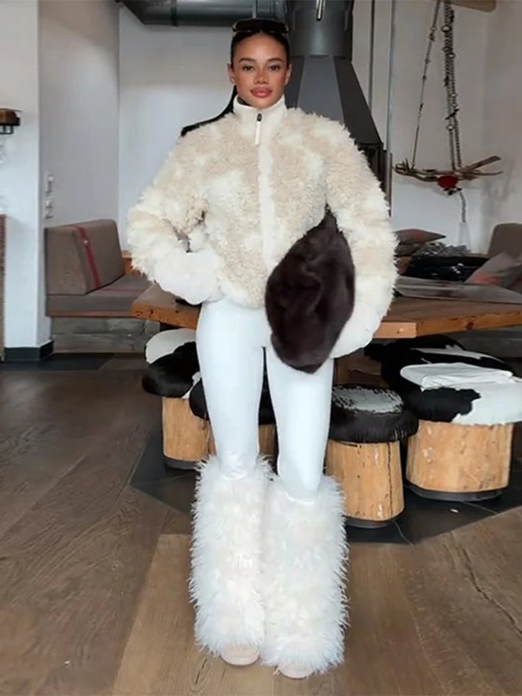 Plush Shearling Coat With Stand Collar And Zipper Front For Winter Warmth Everyday Style - SN Wigs & More