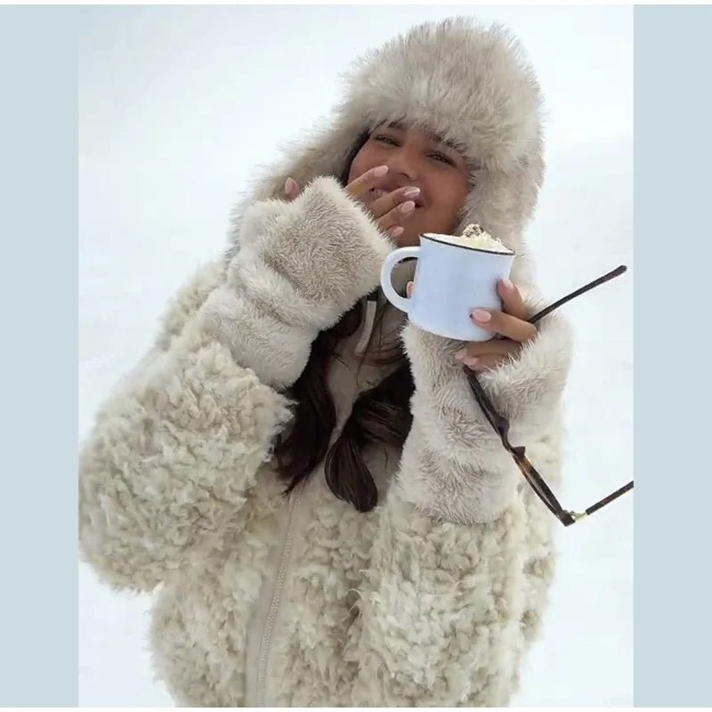 Plush Shearling Coat With Stand Collar And Zipper Front For Winter Warmth Everyday Style - SN Wigs & More