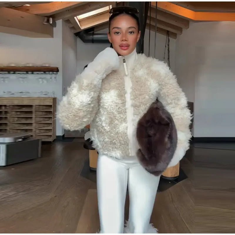 Plush Shearling Coat With Stand Collar And Zipper Front For Winter Warmth Everyday Style - SN Wigs & More