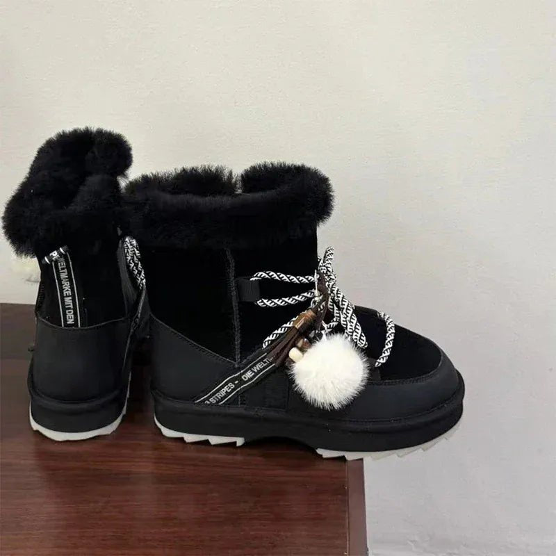 Plush Warm Snow Boots For Women Fashion Short Thick Non - slip Sports Shoes Lace - up Zipper Ankle Boots Thick Sole Shoelace Pendant - SN Wigs & More
