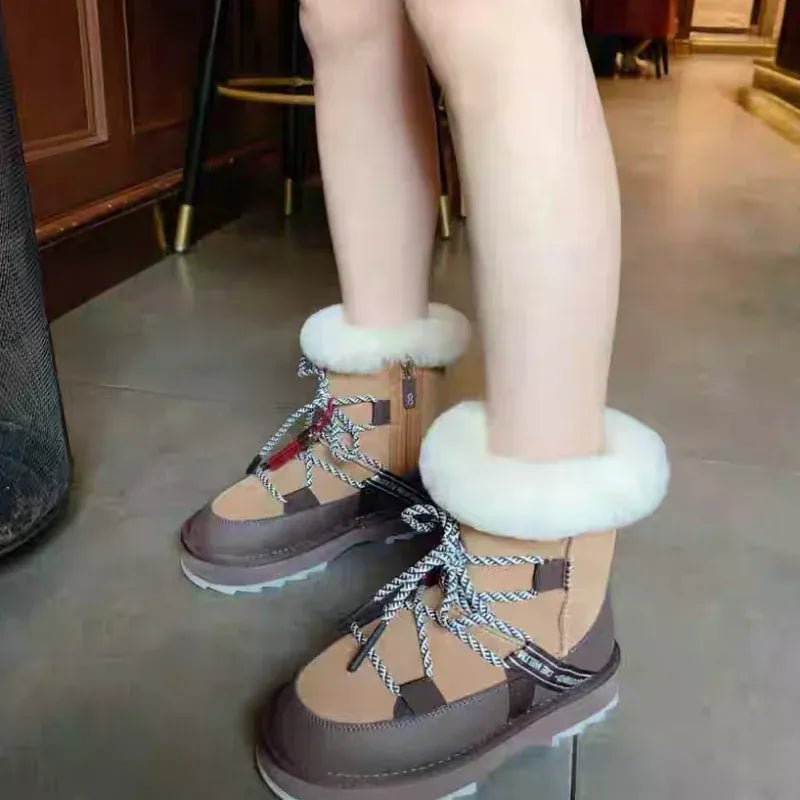 Plush Warm Snow Boots For Women Fashion Short Thick Non - slip Sports Shoes Lace - up Zipper Ankle Boots Thick Sole Shoelace Pendant - SN Wigs & More