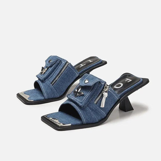 Pocket Decorated Sandalias Femeninas  Casual Square Toe Sandals Women Jeans Denim Heels