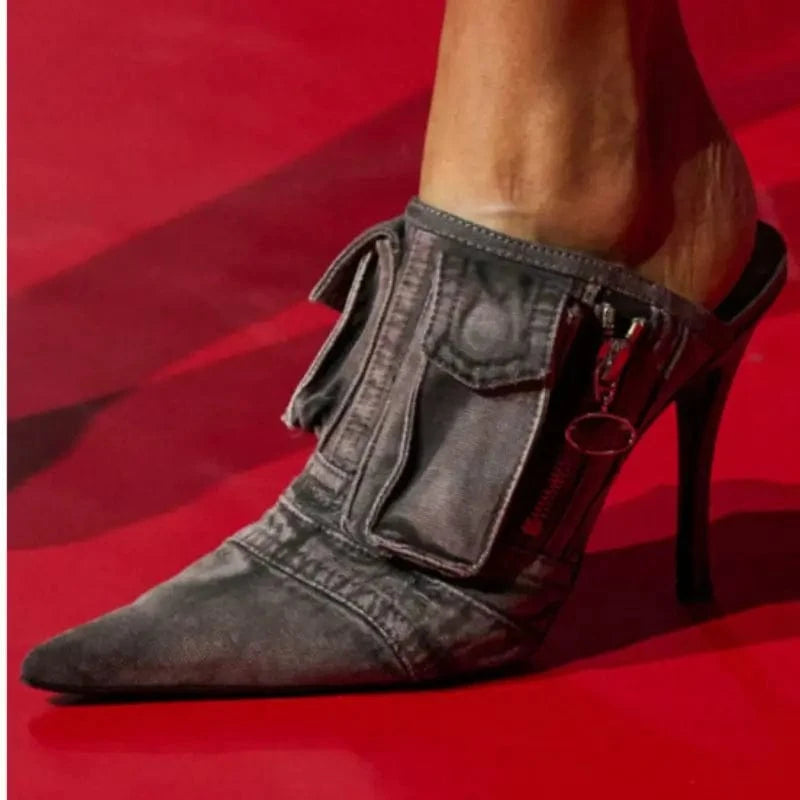 Pocket Sexy Fashion Best Quality Design Big Size Pumps Shoes luxury Denim Heels for Women