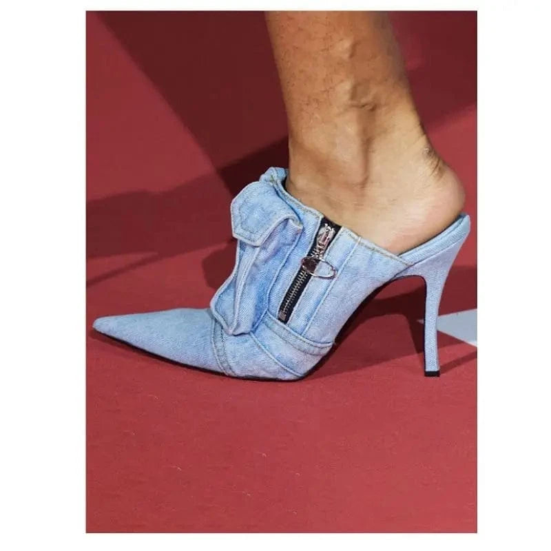 Pocket Sexy Fashion Best Quality Design Big Size Pumps Shoes luxury Denim Heels for Women