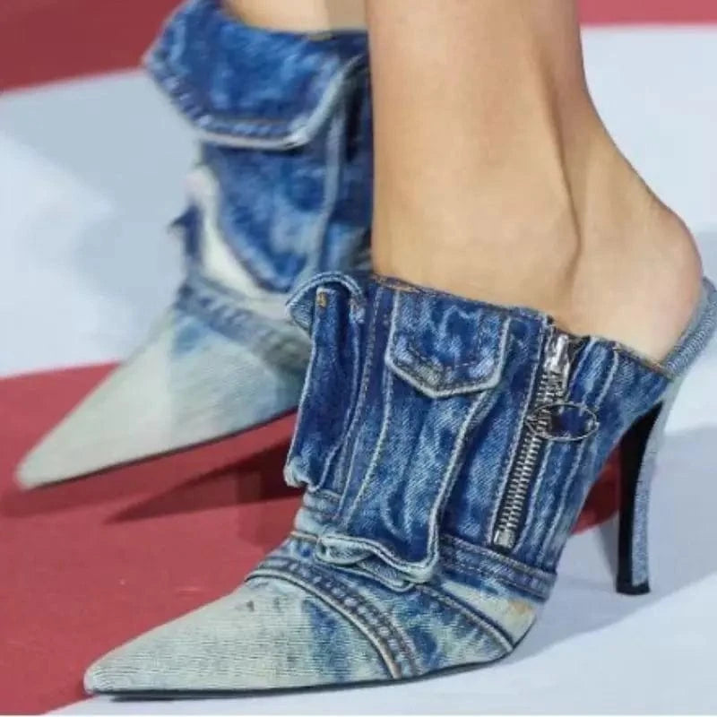 Pocket Sexy Fashion Best Quality Design Big Size Pumps Shoes luxury Denim Heels for Women