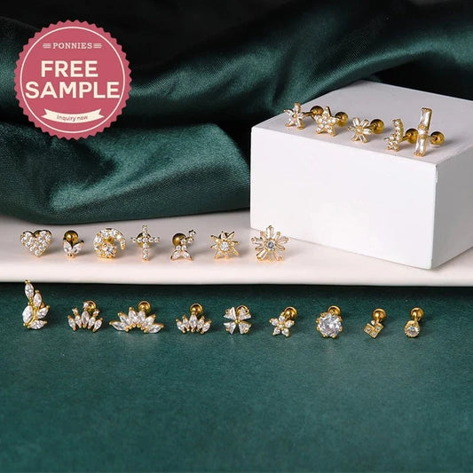 POENNIS Stainless Steel Ladies Fashion Zircon Stone CZ Cartilage Earring Helix Conch Lobe Tragus Stud Ear Piercing Jewelry