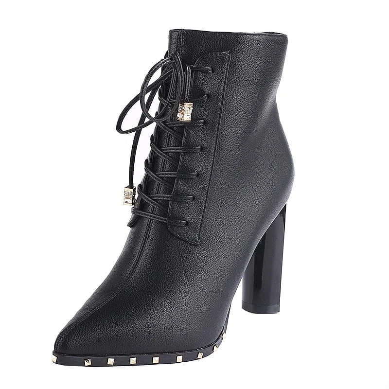 Pointed-toe high-heeled shoes thick-heeled short boots women's 2023 autumn and winter new rivet lace-up all-match Martin boots
