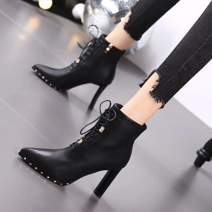 Pointed-toe high-heeled shoes thick-heeled short boots women's 2023 autumn and winter new rivet lace-up all-match Martin boots
