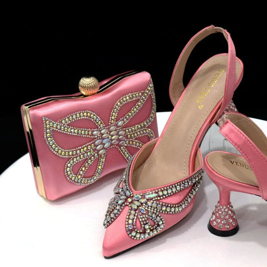 Pointed women's rhinestone sandals paired with the same square box bag shoe bag combination set women's shoes and bag set