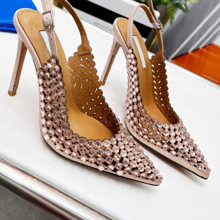 Pointy Toe Buckle Strap Diamonds Pumps Shoes openwork thin designer sandals for women