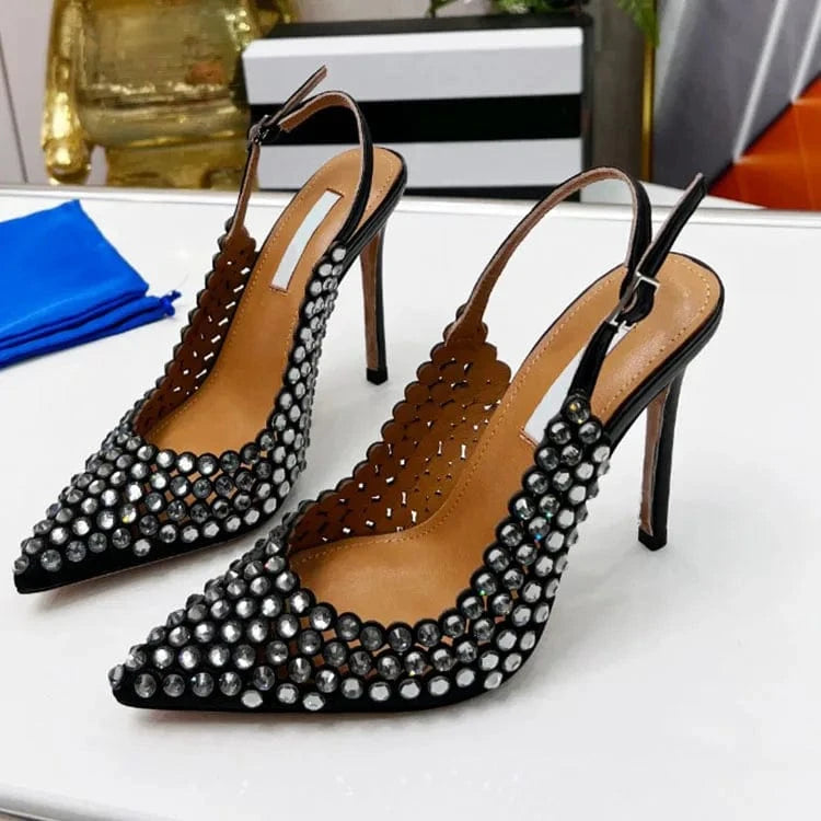 Pointy Toe Buckle Strap Diamonds Pumps Shoes openwork thin designer sandals for women