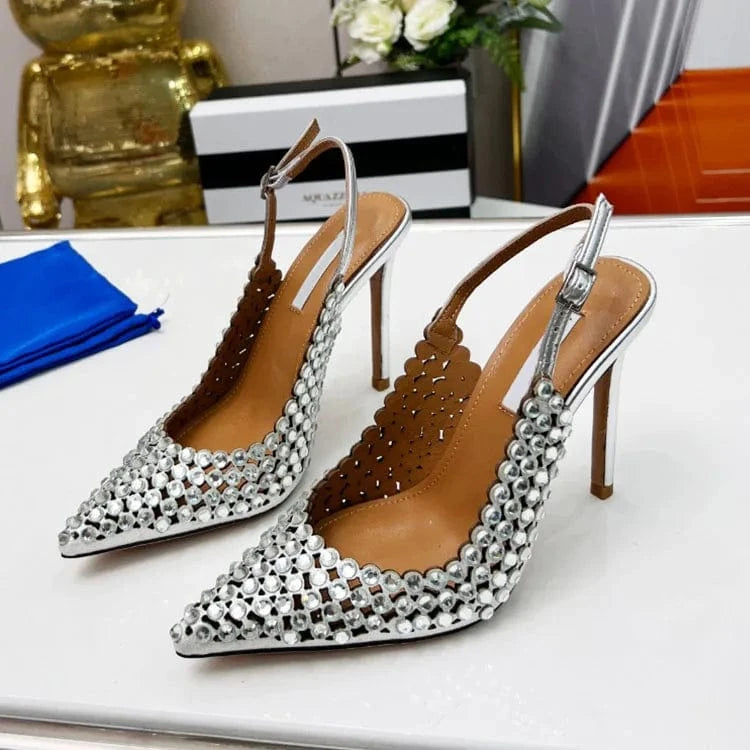Pointy Toe Buckle Strap Diamonds Pumps Shoes openwork thin designer sandals for women