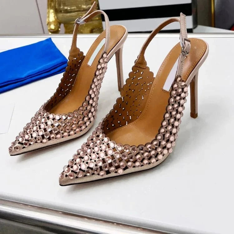 Pointy Toe Buckle Strap Diamonds Pumps Shoes openwork thin designer sandals for women