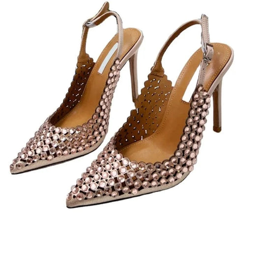 Pointy Toe Buckle Strap Diamonds Pumps Shoes openwork thin designer sandals for women