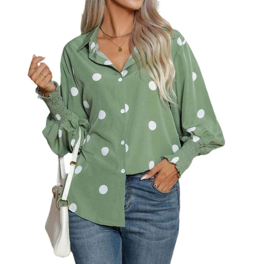 Polka dot Printed Lantern sleeve shirt Women's Long sleeve shirt New European and American  cross-border Women's clothing