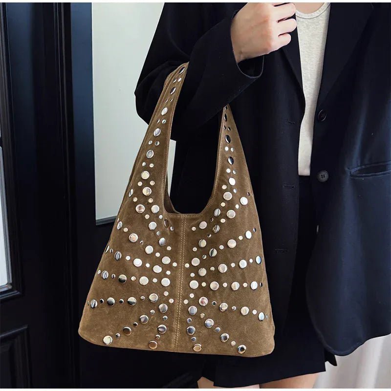 Polka Dot Rivet Tote Bag Women's Fashion Trend Texture Shoulder Bag High - end Luxury Suede Bucket Bag Commuter Female Handbag - SN Wigs & More