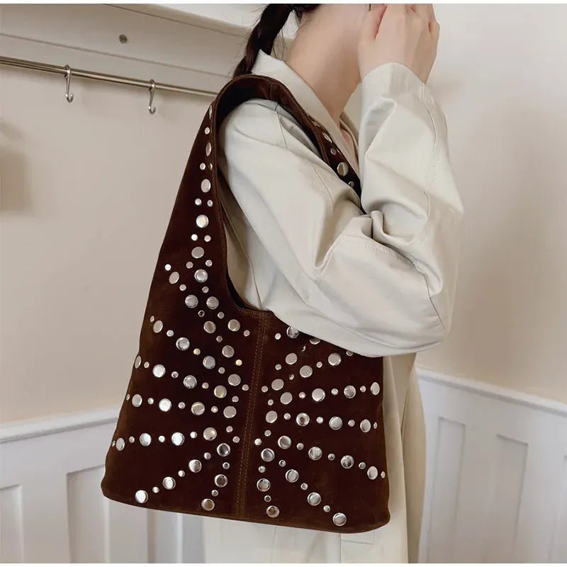 Polka Dot Rivet Tote Bag Women's Fashion Trend Texture Shoulder Bag High - end Luxury Suede Bucket Bag Commuter Female Handbag - SN Wigs & More