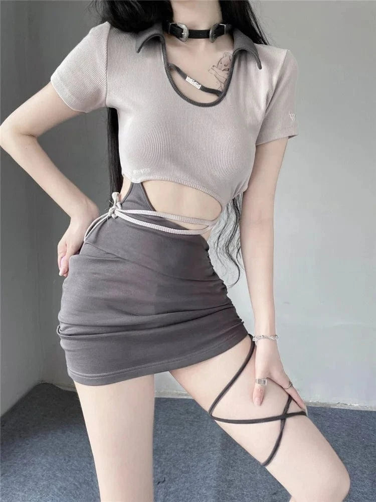 Polo Neck Dress Women Patchwork Sexy Girl Bandage Short Hipster Dress