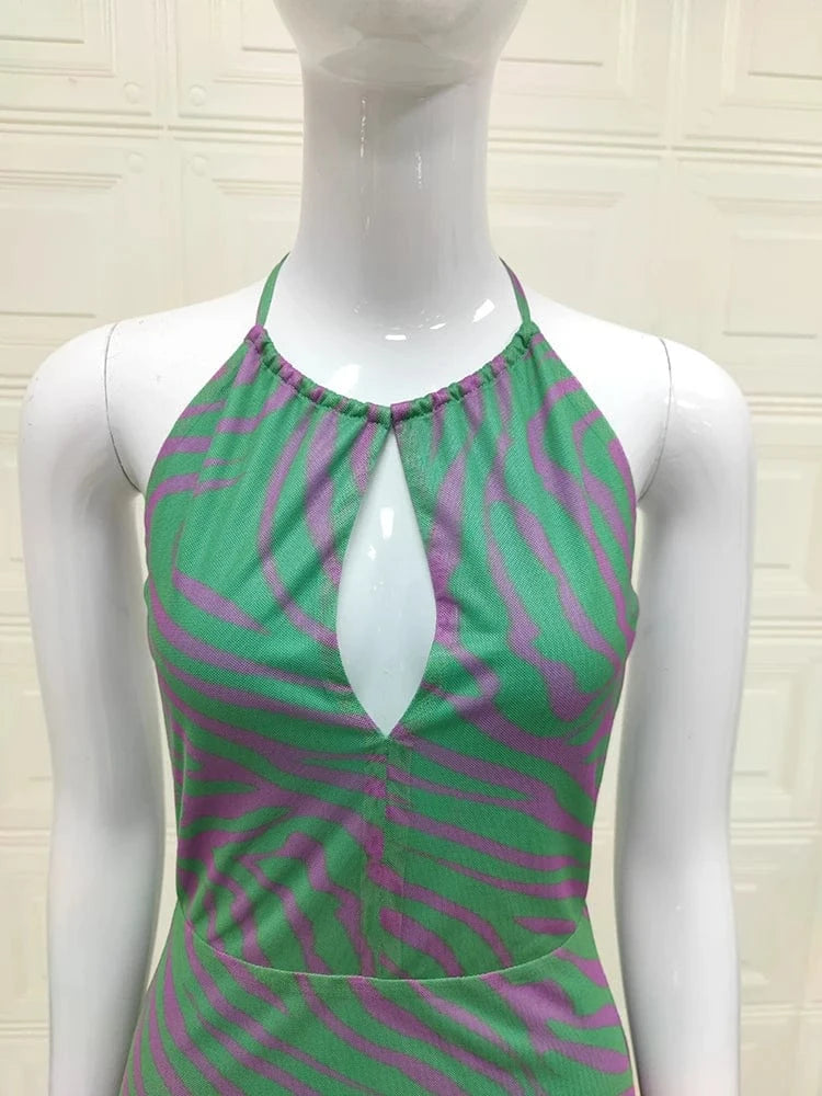 Polynesian Summer Fashion Style Women's Slip Chest Wrap Vintage Print Design Backless Hollow Out Elegant Sleeveless Dress