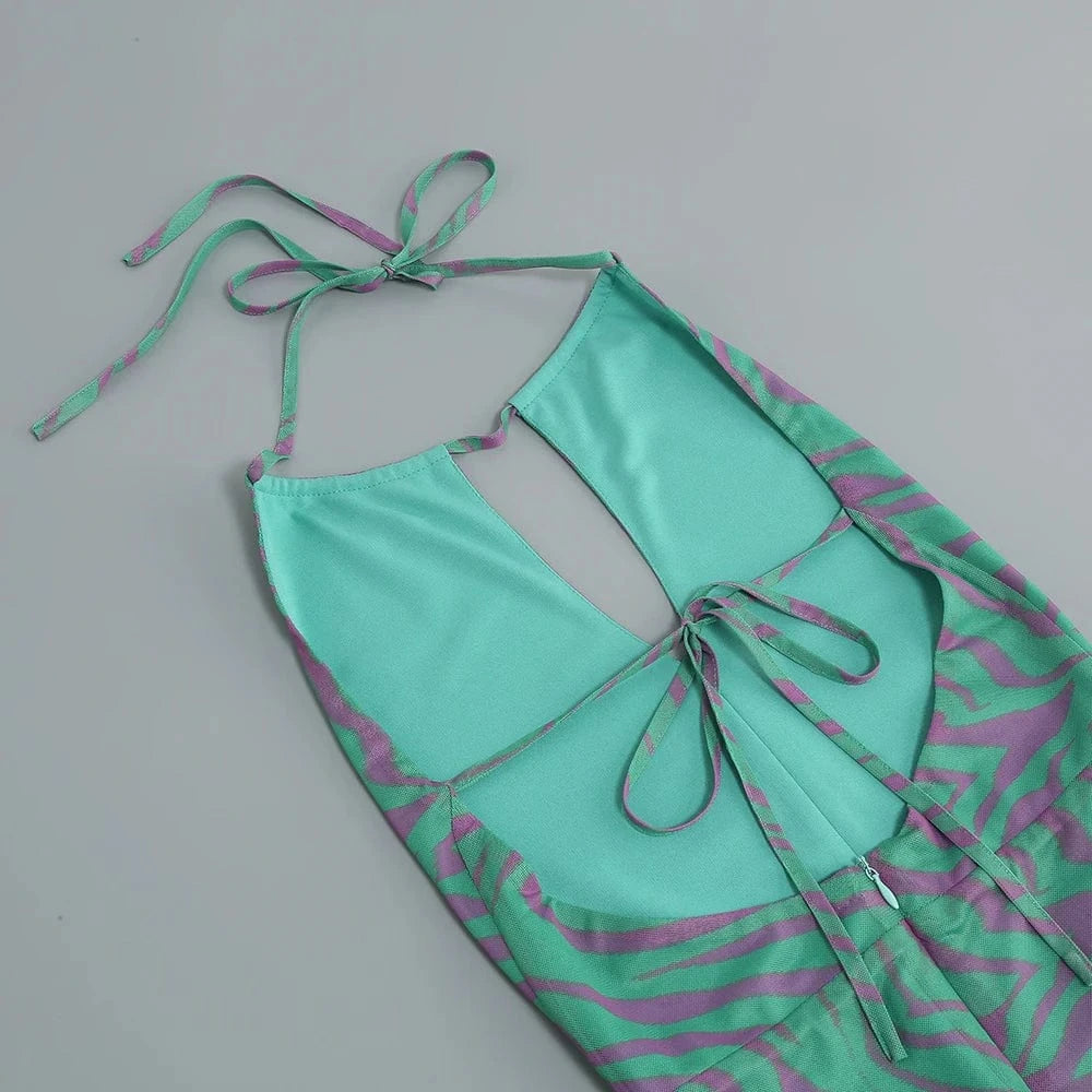 Polynesian Summer Fashion Style Women's Slip Chest Wrap Vintage Print Design Backless Hollow Out Elegant Sleeveless Dress