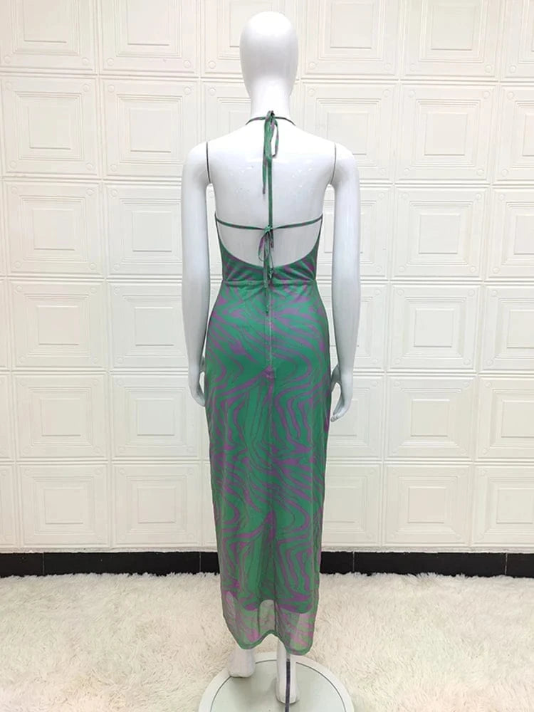Polynesian Summer Fashion Style Women's Slip Chest Wrap Vintage Print Design Backless Hollow Out Elegant Sleeveless Dress