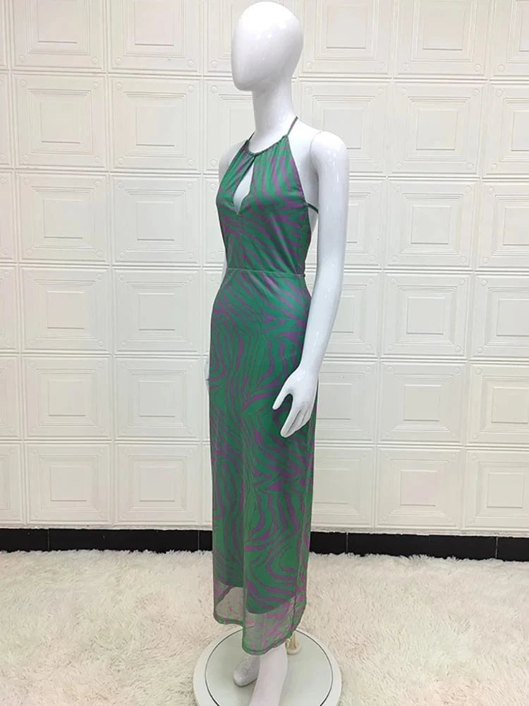 Polynesian Summer Fashion Style Women's Slip Chest Wrap Vintage Print Design Backless Hollow Out Elegant Sleeveless Dress