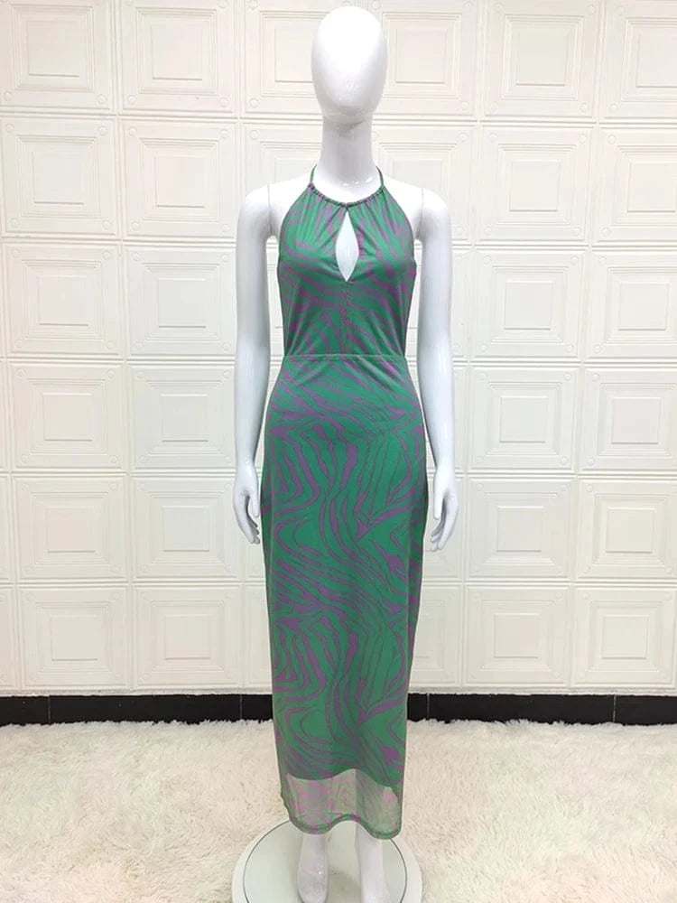 Polynesian Summer Fashion Style Women's Slip Chest Wrap Vintage Print Design Backless Hollow Out Elegant Sleeveless Dress