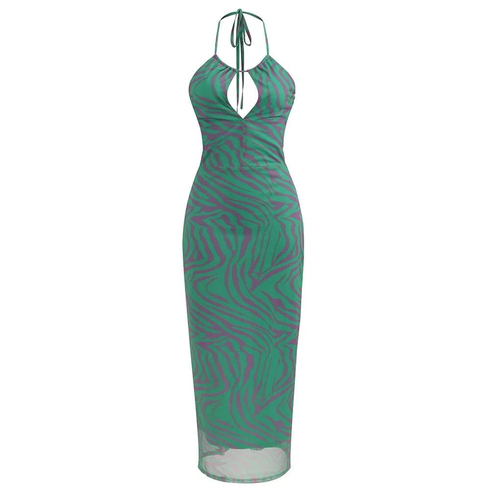 Polynesian Summer Fashion Style Women's Slip Chest Wrap Vintage Print Design Backless Hollow Out Elegant Sleeveless Dress