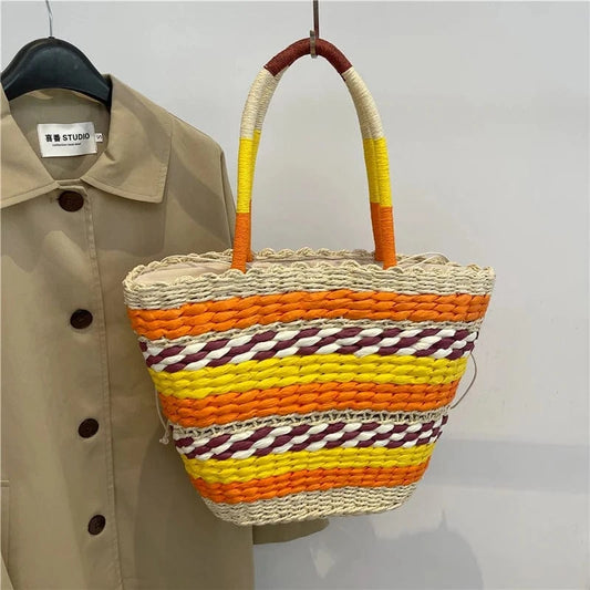Popular Grass Woven Bag 2024 Handmade Woven Beach Bag Retro Countryside Style Handbag