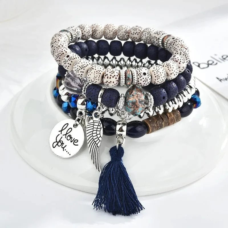 Popular Minimalist Retro Angel Wing Bracelet Women's Ethnic Style Tassel Jewelry Multi Layered Wearing Beads For Bracelets