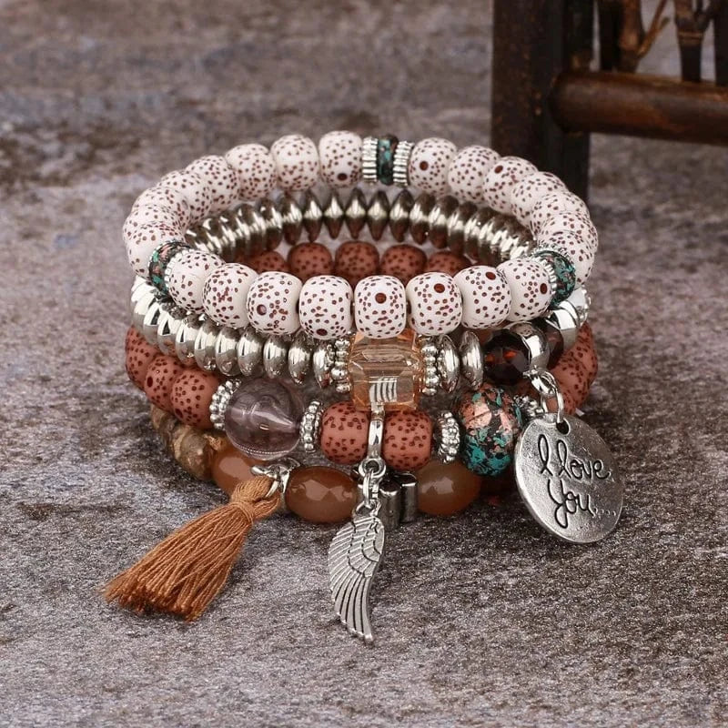 Popular Minimalist Retro Angel Wing Bracelet Women's Ethnic Style Tassel Jewelry Multi Layered Wearing Beads For Bracelets