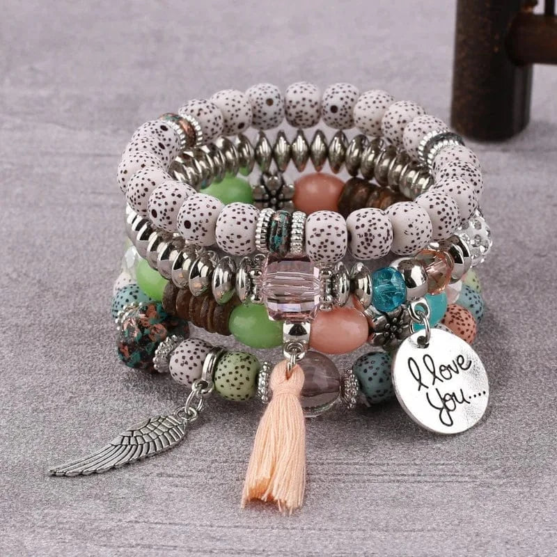Popular Minimalist Retro Angel Wing Bracelet Women's Ethnic Style Tassel Jewelry Multi Layered Wearing Beads For Bracelets