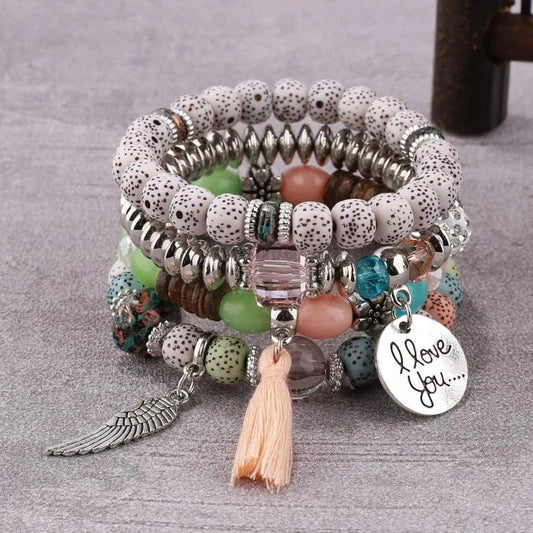 Popular Minimalist Retro Angel Wing Bracelet Women's Ethnic Style Tassel Jewelry Multi Layered Wearing Beads For Bracelets