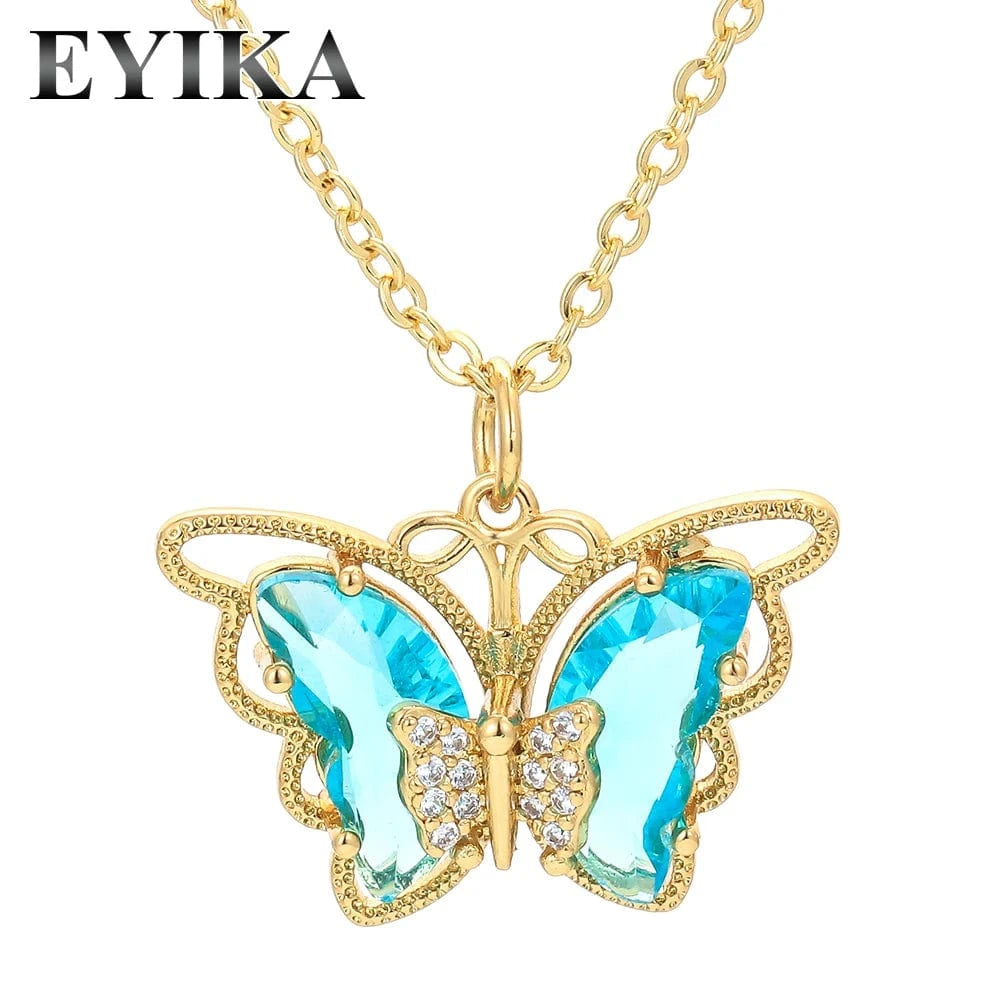 Popular Multicolor Glass Charm Luxury Woman Statement Lady Collar Butterfly Pendant  Necklace For Party